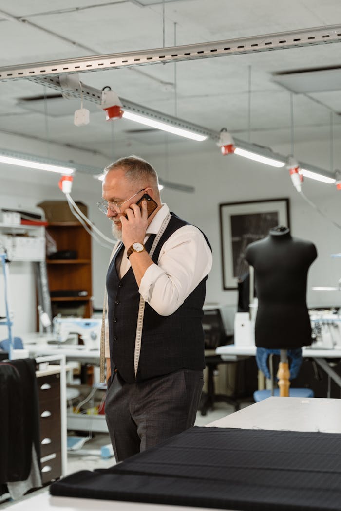 Senior male tailor on phone in a modern design studio with sewing materials.